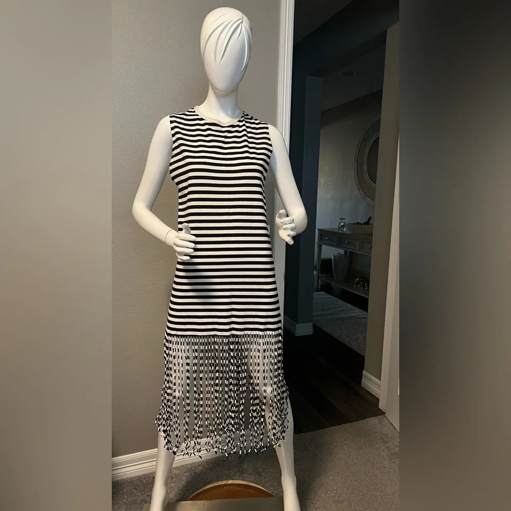 ZARA black/white striped fringed midi dress size S - Picture 2 of 9